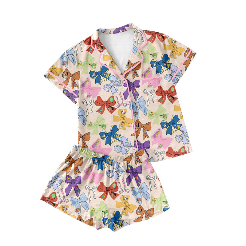 Adult Women's Short Sleeve Button down Pajamas Princess Bow Design Comfortable Sleepwear