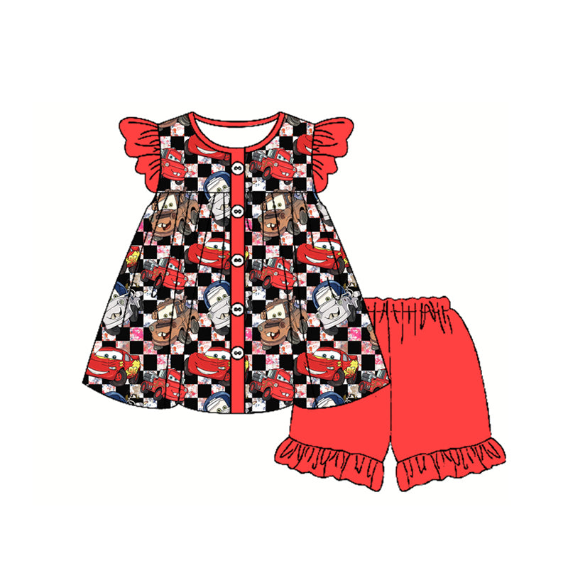Girls Clothing Set with Flutter Sleeves Cars Plaid Tunic And Shorts Outfit for Kids