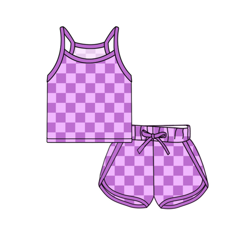 Kids Girls Plaid Top And Straps Black Plaid Shorts Outfit Set - Fashionable Clothing for Children