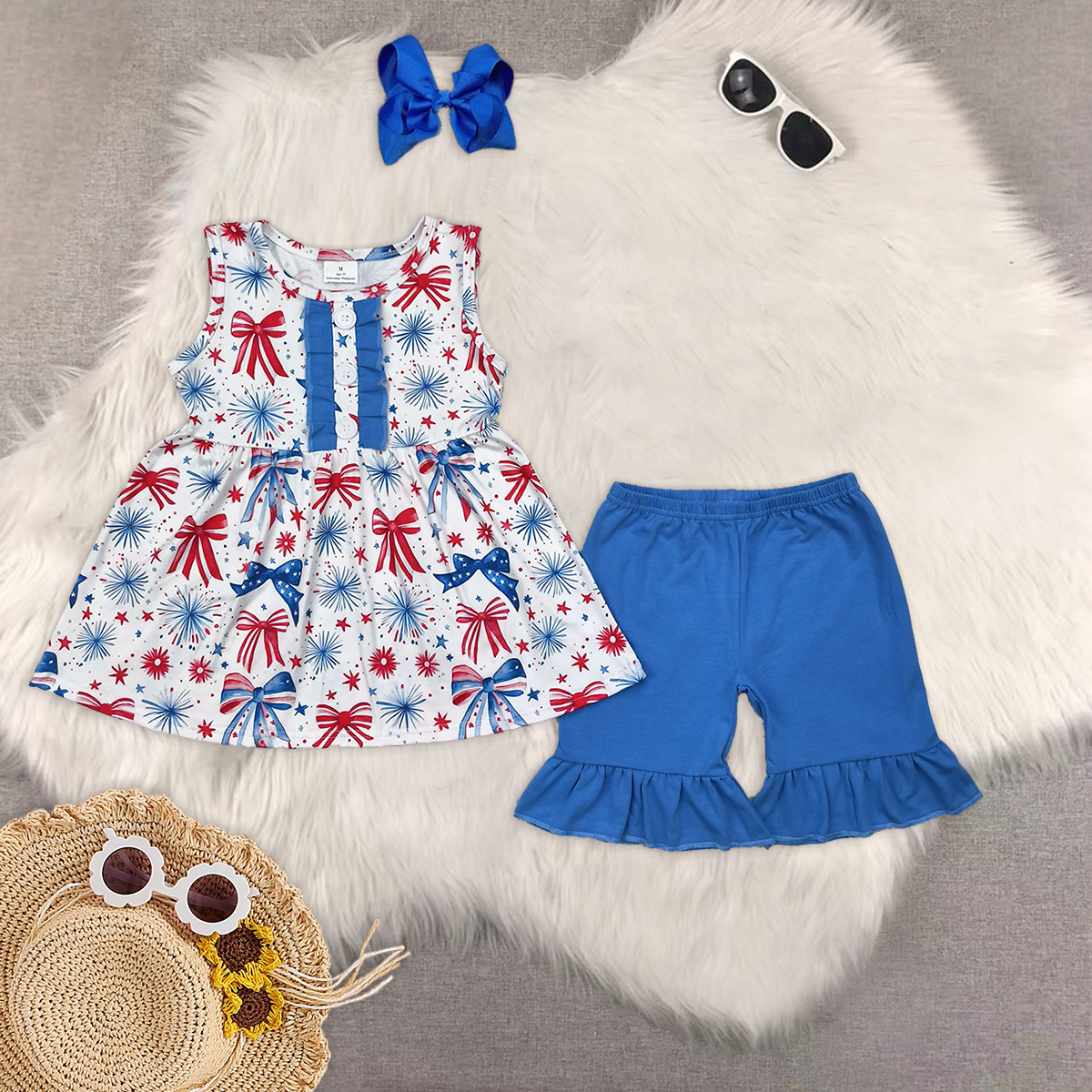 8.13 RTS Sibling Baby Girls Summer Outfits Sleeveless blue red bow tunic shorts girls 4th of july outfits
