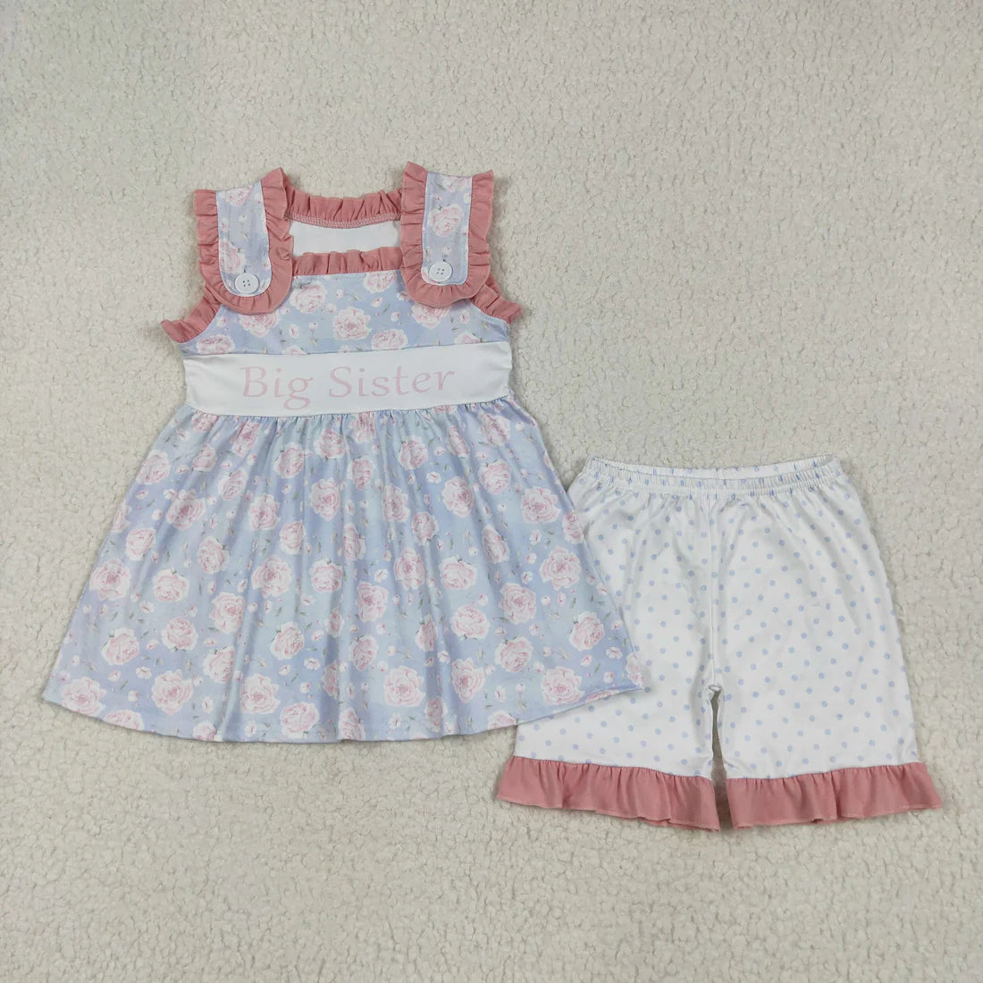 10.2 RTS Sibling Baby Girls Big Sister Floral Bows Tunic Ruffle Shorts Clothes Sets