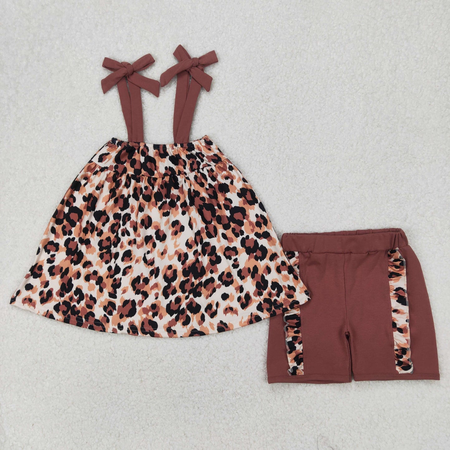 4.10 GSSO2352 RTS NO MOQ Baby Girls Summer Outfits Brown straps leopard tunic ruffle shorts girls clothes