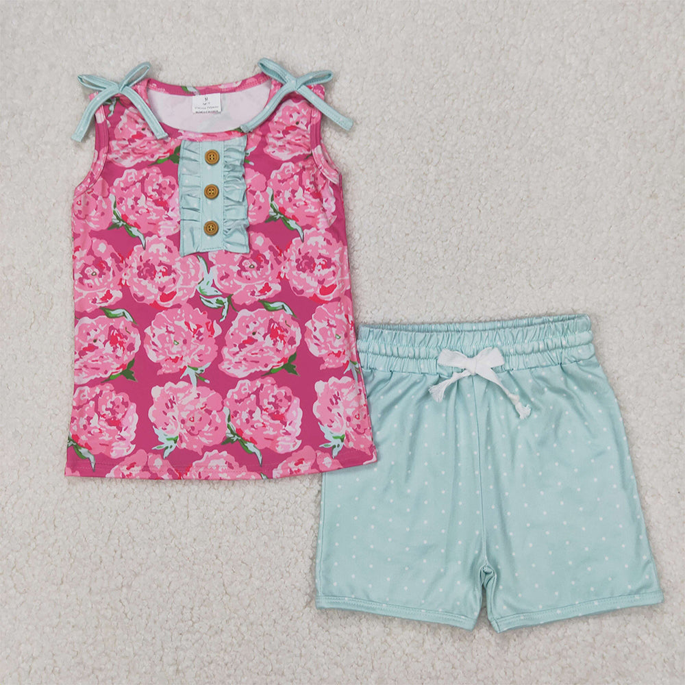 4.08 GSSO2356 RTS NO MOQ Sleeveless pink floral top cotton shorts girls clothing set