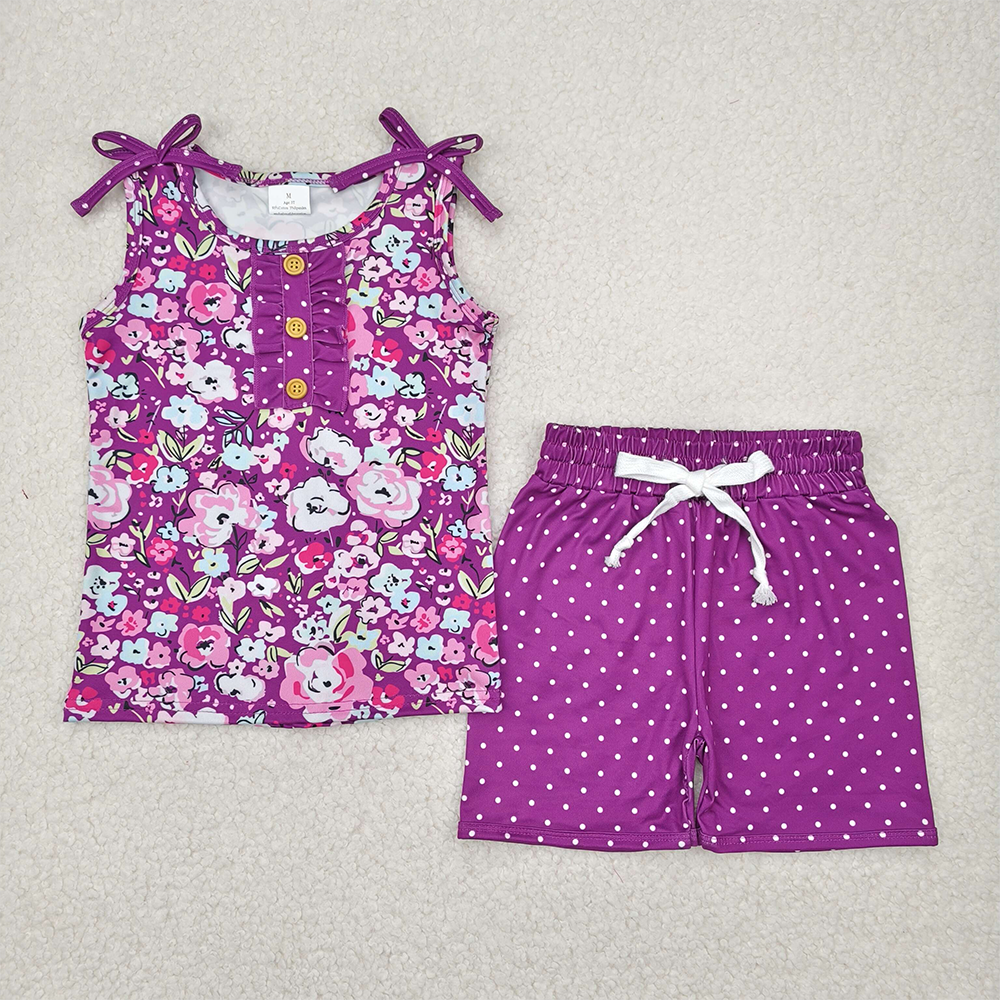 4.11 GSSO2358 RTS NO MOQ Baby Girls Summer Outfits Sleeveless purple floral top polka dots shorts girls clothes