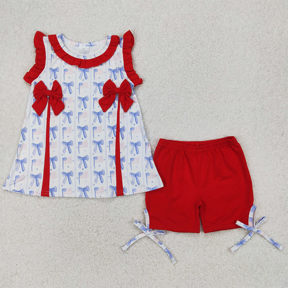 6.11 GSSO2373 RTS NO MOQ Baby Girls Summer Outfits Toddler Girls July 4th Red Shorts Outfit