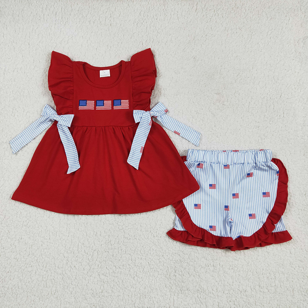 GSSO2375 RTS NO MOQ Baby Girls Summer Outfits Red flutter sleeves flag tunic shorts girls 4th of july outfits