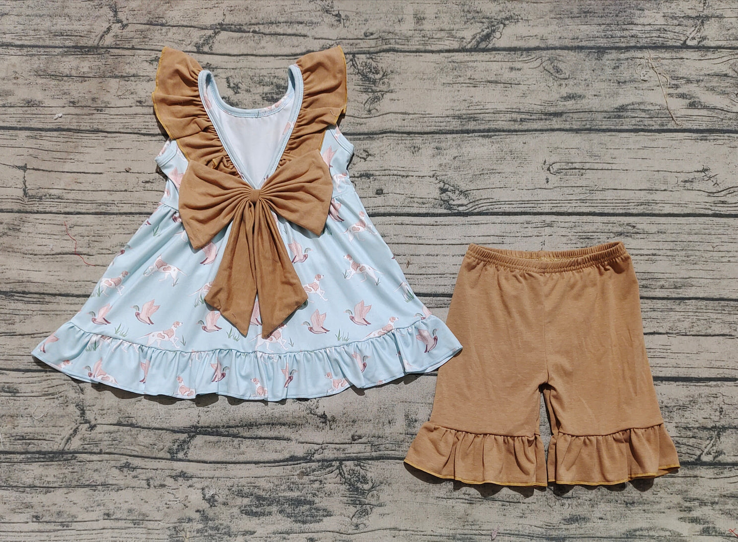 4.23 GSSO2385 Sample 10days Arrived RTS Khaki ruffle duck dog tunic shorts kids girls hunting outfits