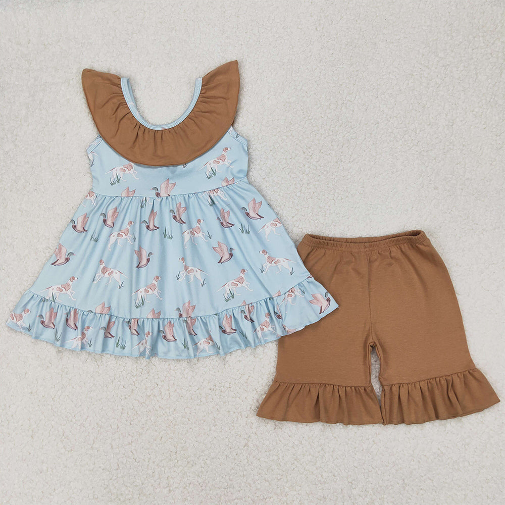 6.11 GSSO2385 RTS NO MOQ Baby Girls Summer Outfits Baby Girls Hunting Mallard Tunic Top Ruffle Shorts Outfit