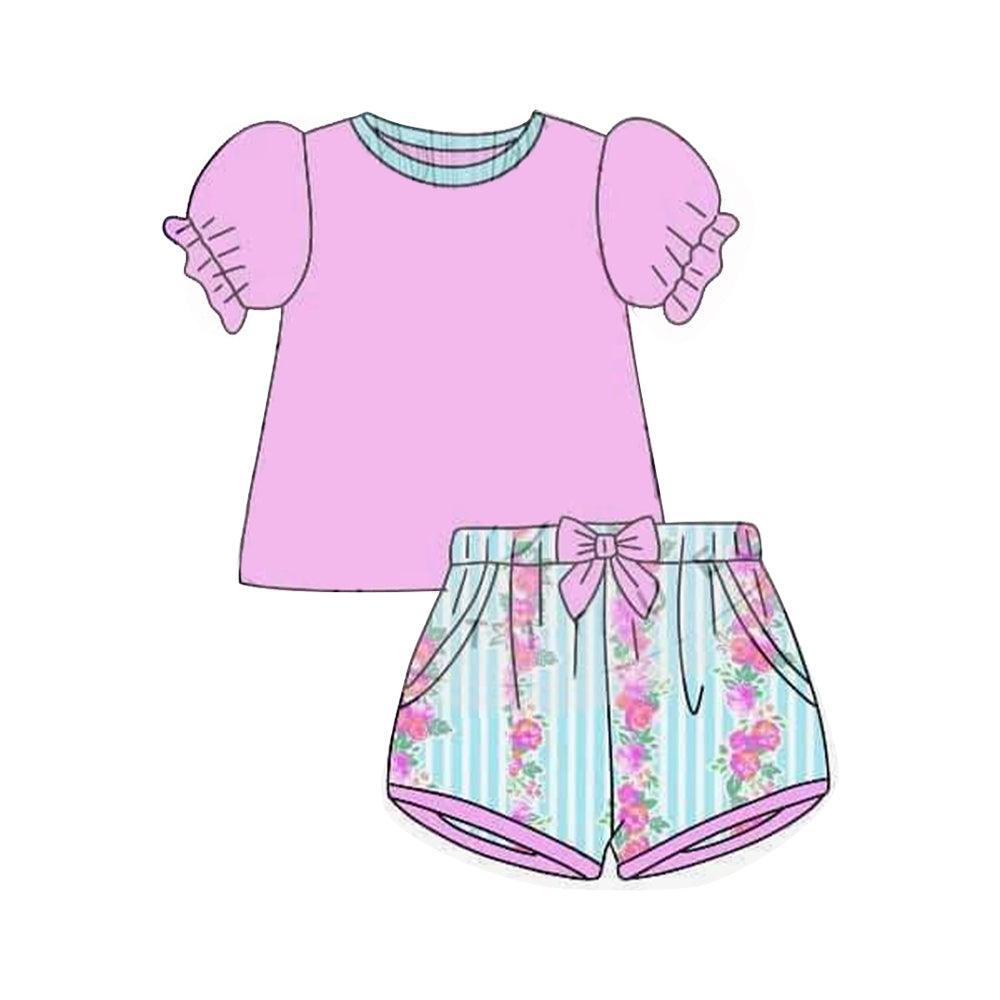 Kids Girls Floral Short Sleeve Pink Top Outfit Floral Shorts Set for Little Girls Ages 4-12