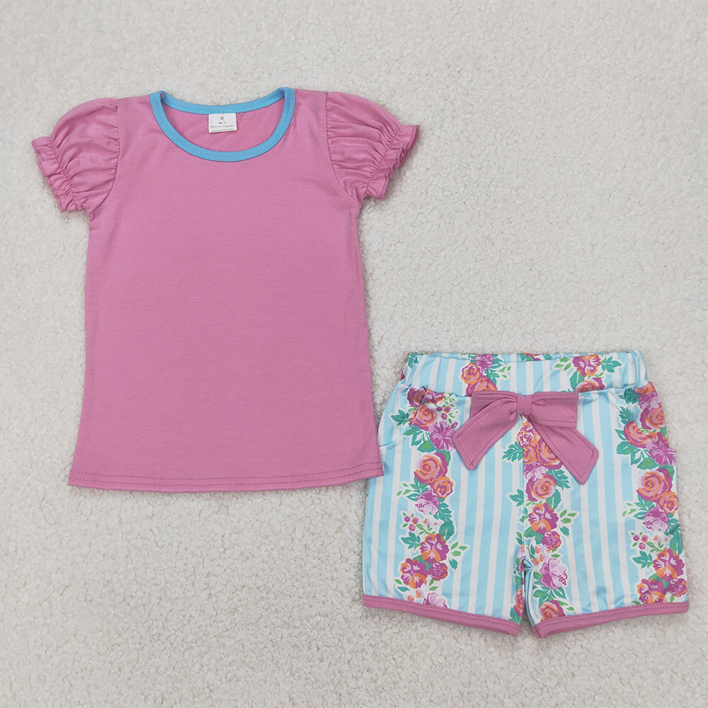 5.28 GSSO2389 RTS NO MOQ Baby Girls Summer Outfits Short sleeves pink top floral shorts kids girls outfits
