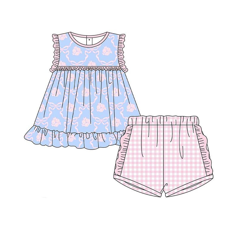 Girls Sleeveless Bow Floral Tunic Ruffle Plaid Shorts Set Cute Preemie to plus Size Outfit for Spring Summer
