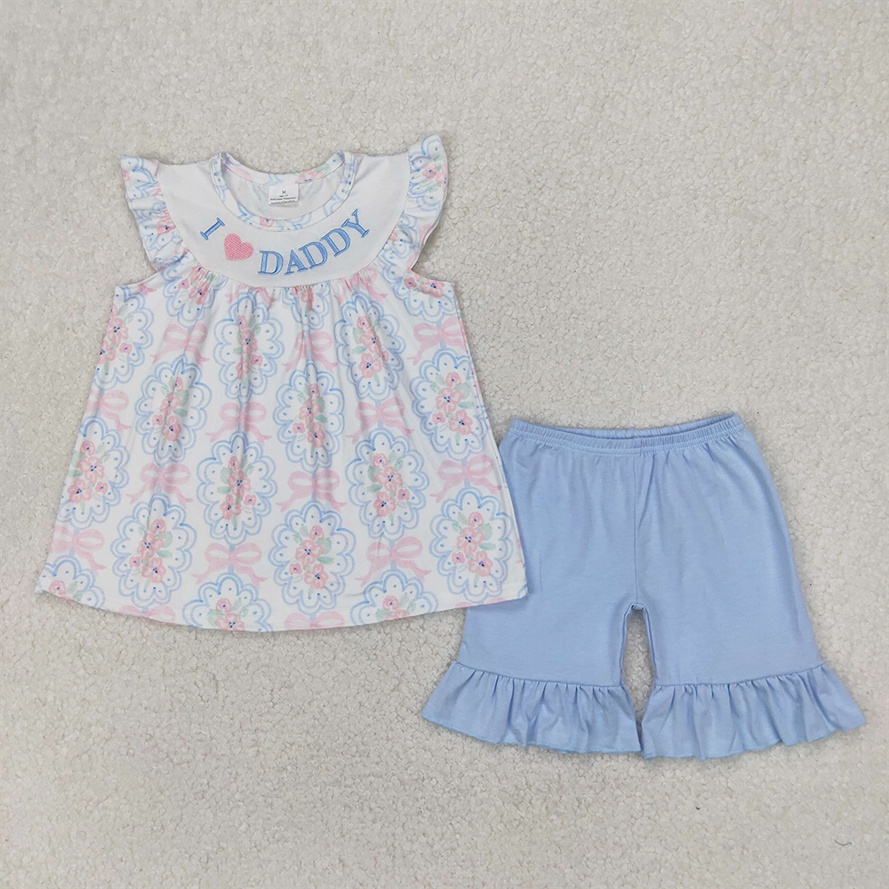 5.28 GSSO2407 RTS NO MOQ Baby Girls Summer Outfits I love daddy floral bow tunic ruffle shorts girls clothing