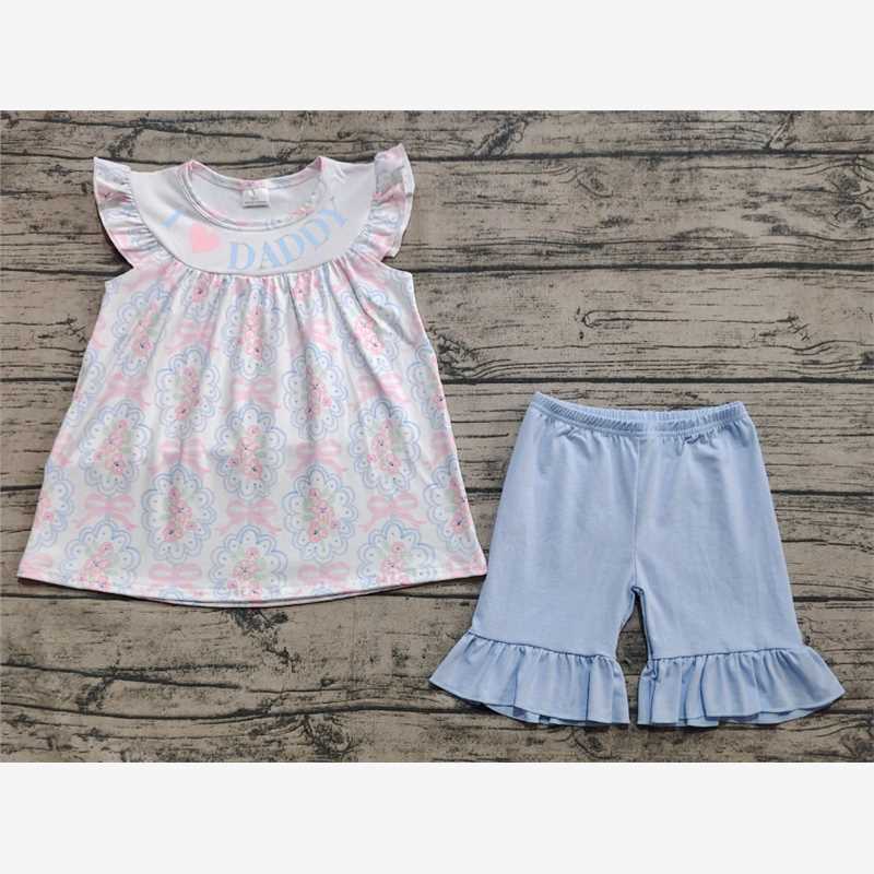5.28 RTS NO MOQ I love daddy floral bow tunic ruffle shorts girls clothing