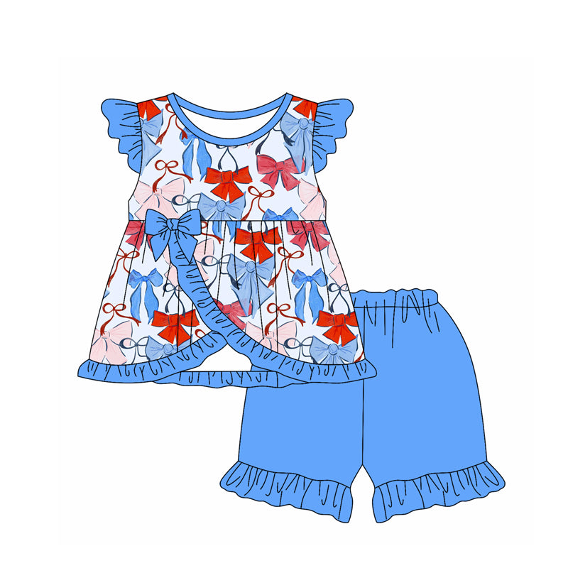 Girls Red Blue Bow Tunic Shorts Outfit with Flutter Sleeves for 4th of July Independence Day Celebration