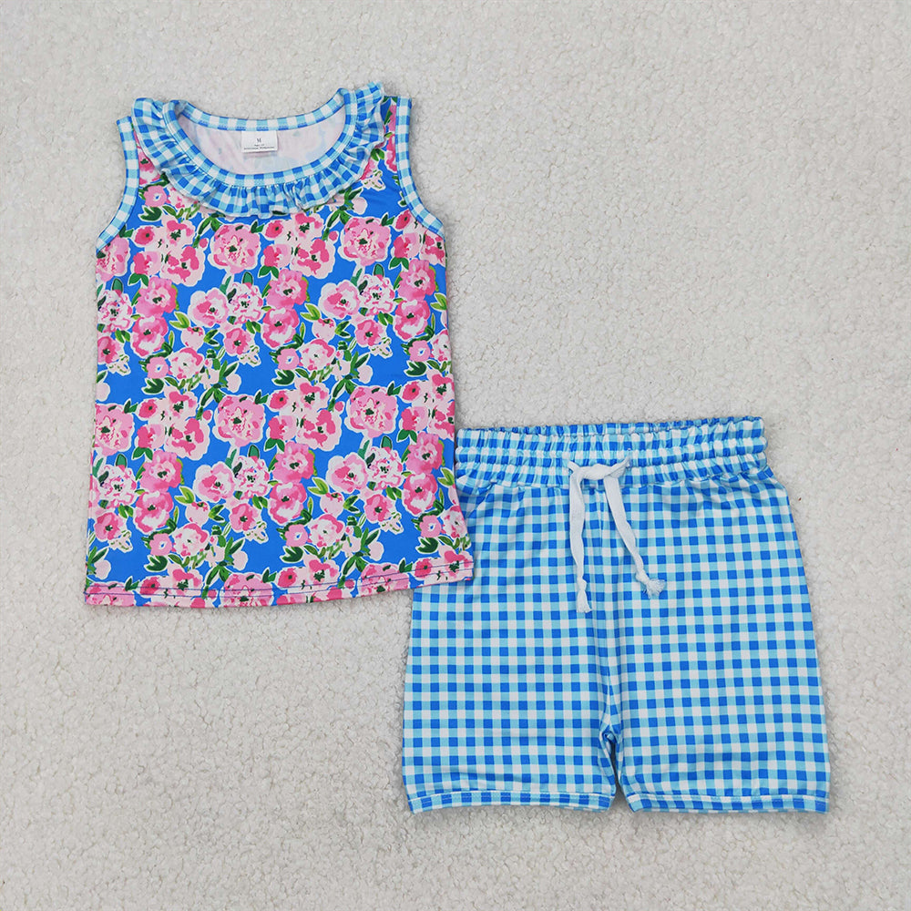 4.07 GSSO2414 RTS NO MOQ Baby Girls Summer Outfits Sleeveless floral top blue plaid shorts girls summer clothes
