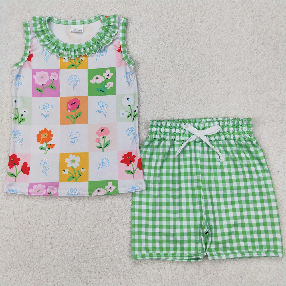 6.11 GSSO2415 RTS NO MOQ Baby Girls Summer Outfits Baby Girls Flowers Top Green Gingham Play Shorts Set