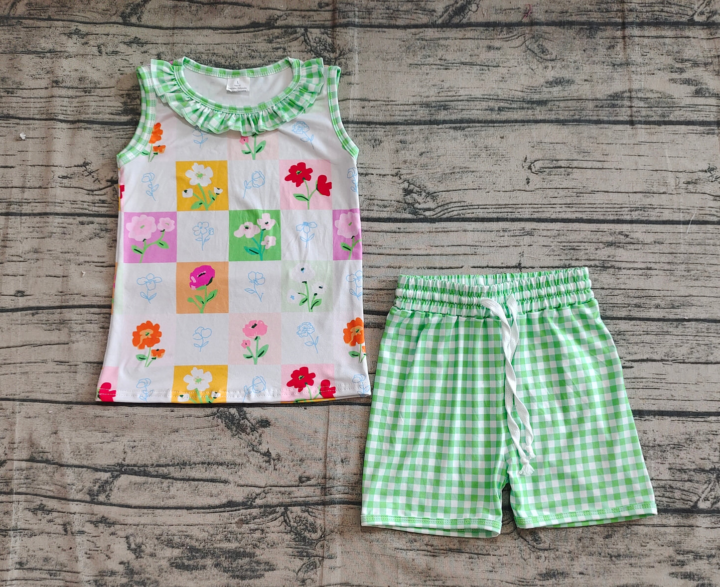 5.16 GSSO2415 Sample 10days Arrived RTS Sleeveless floral top green plaid shorts girls summer clothes