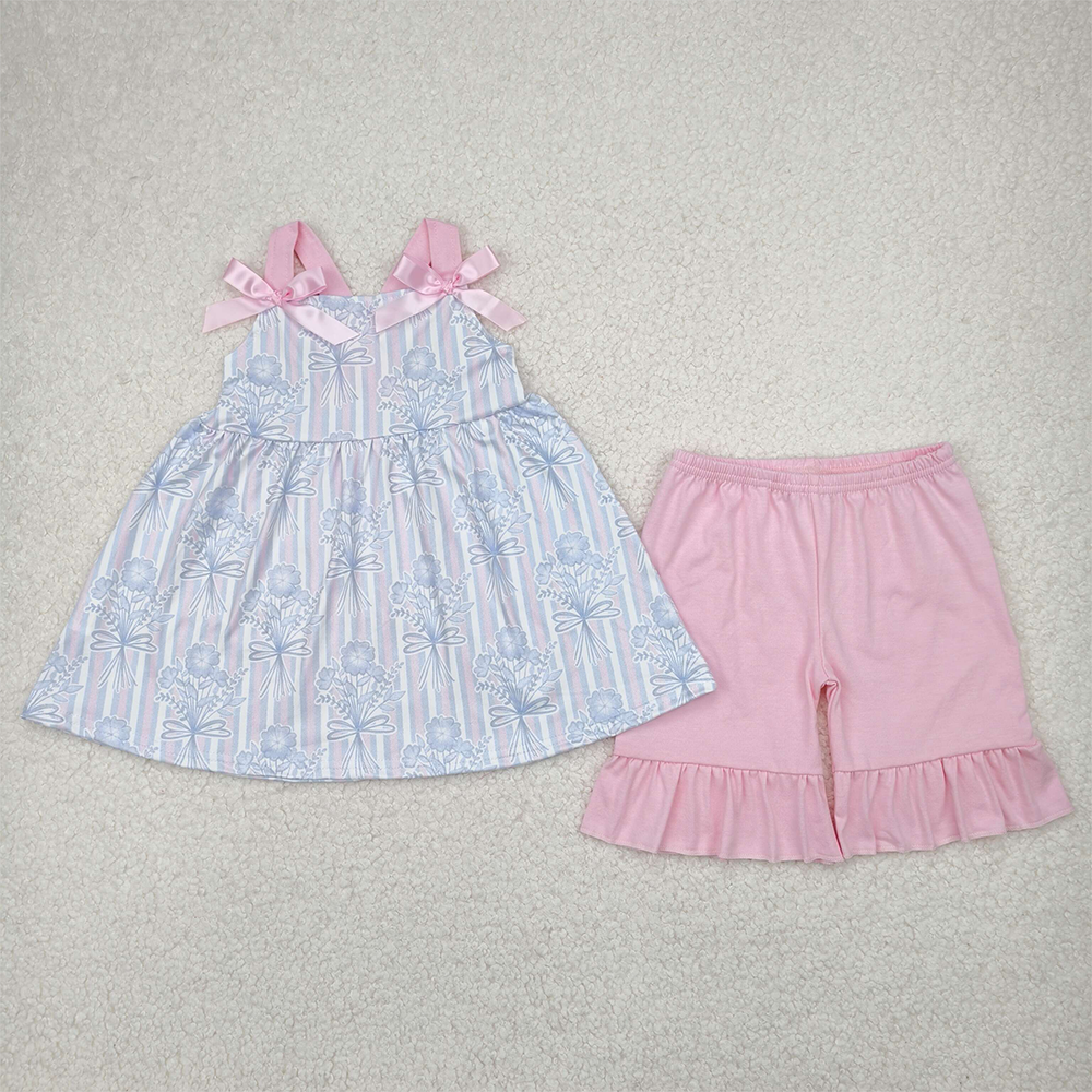 4.08 GSSO2429 RTS NO MOQ Baby Girls Summer Outfits Pink Strap Floral Stripe Tunic Ruffle Short Set