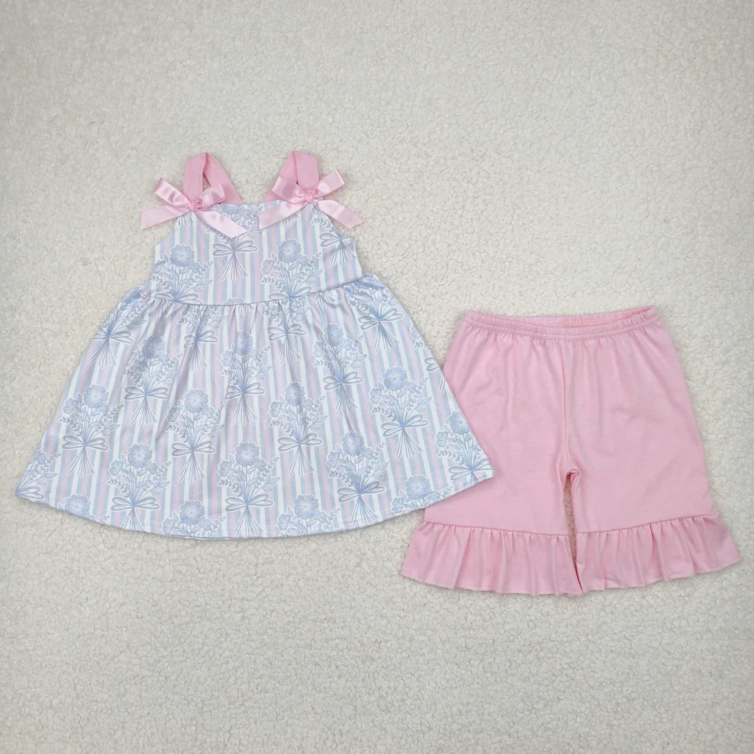 10.1 RTS Sibling Baby Girls Strap Flowers Tunic Ruffle Shorts Clothes Sets