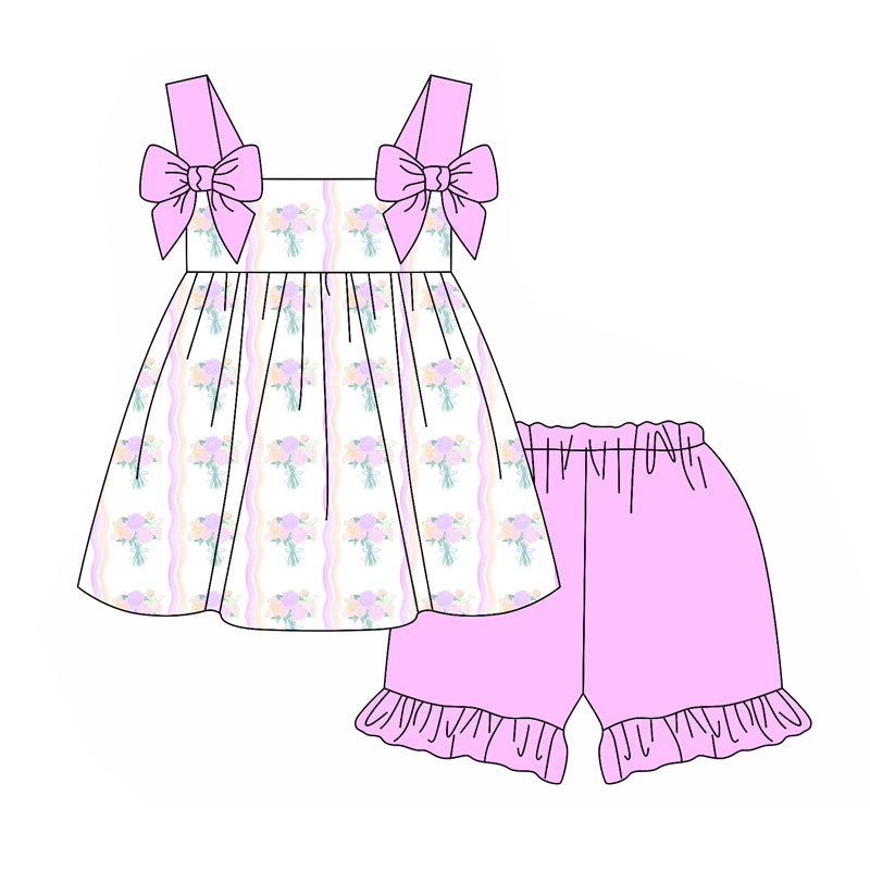 pre order Girls Floral Tunic Ruffle Shorts Outfit with Straps Bow Top And Bottom Set for Kids' Clothing