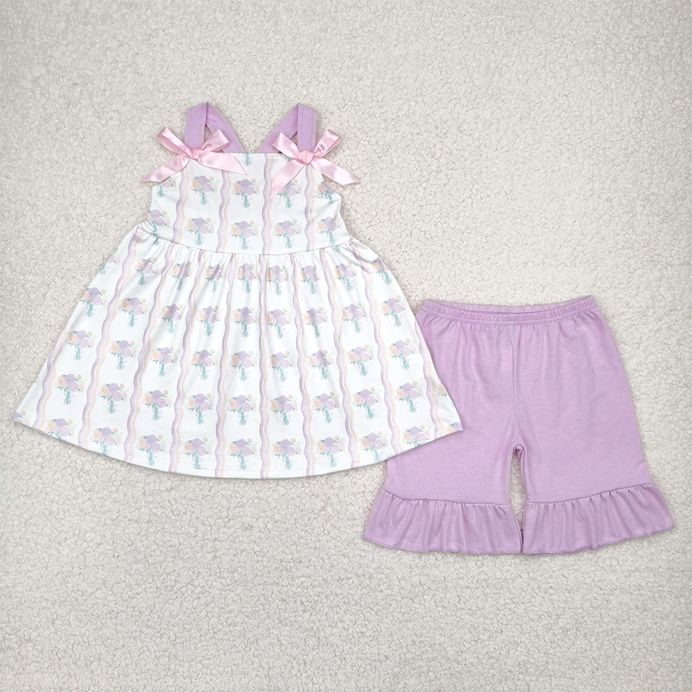 6.13 GSSO2430 RTS NO MOQ Baby Girls Summer Outfits Baby Girls Hot Pink Strap Floral Stripe Tunic Ruffle Short Set