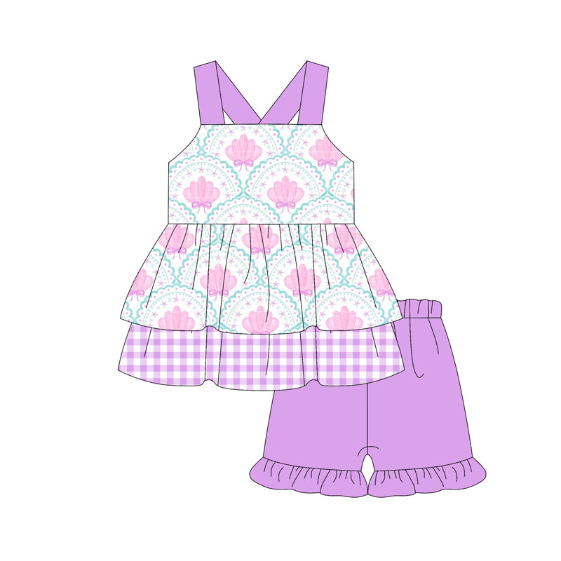 pre order Girls Plaid Ruffle Tunic Straps Shell Shorts Summer Clothing Set Cute Feminine Fashion for Little Girls