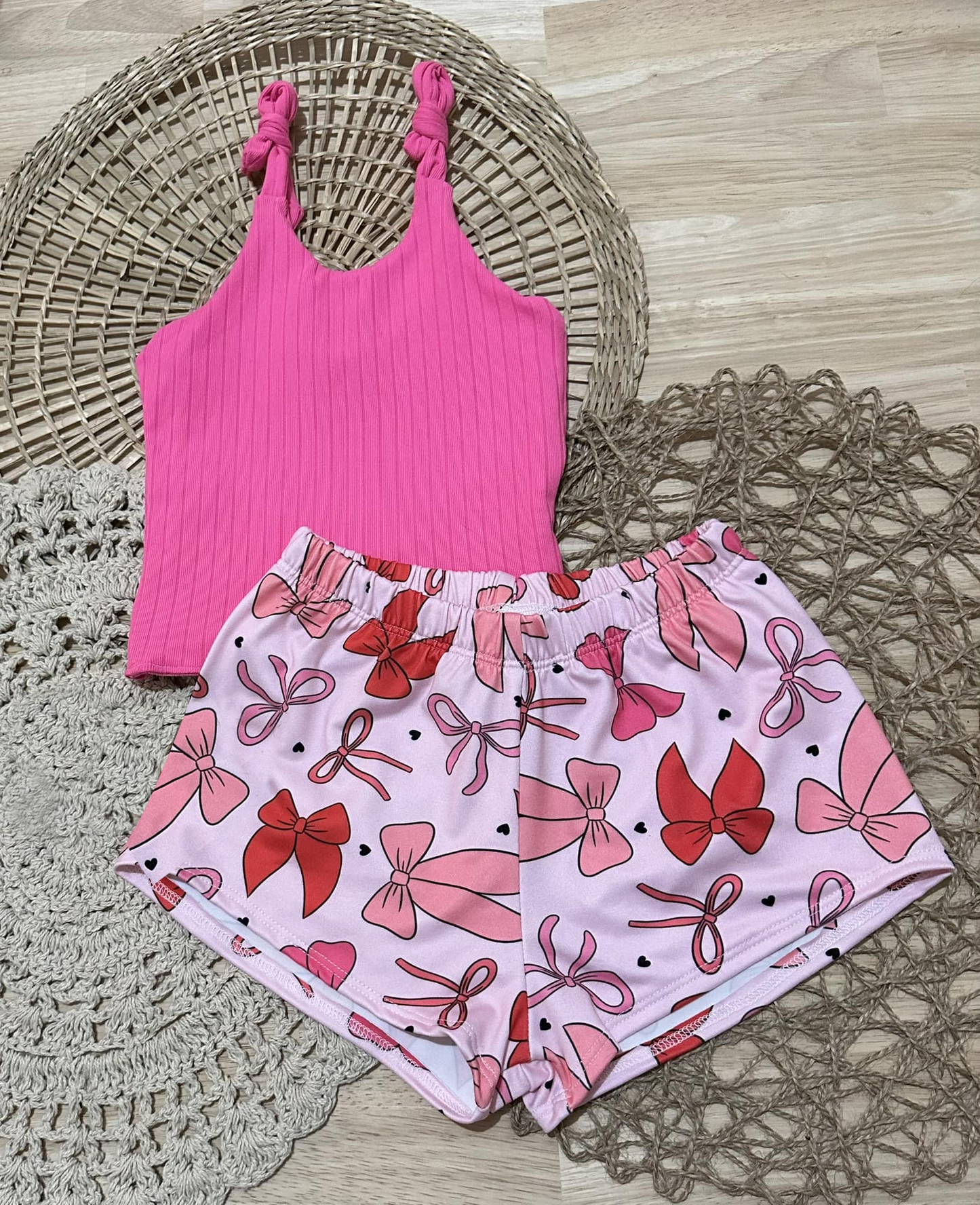 5.27 GSSO2438 Pre order Hot pink straps top bow shorts kids girls clothing set