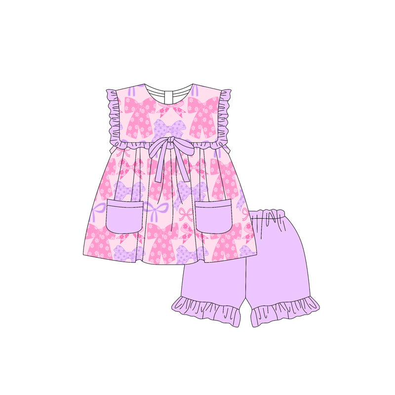 4.24 Pre order Baby Girls Lavender Ruffle Pockets Floral Bow Clothing Set Cute Outfit with Pockets for Little Ones