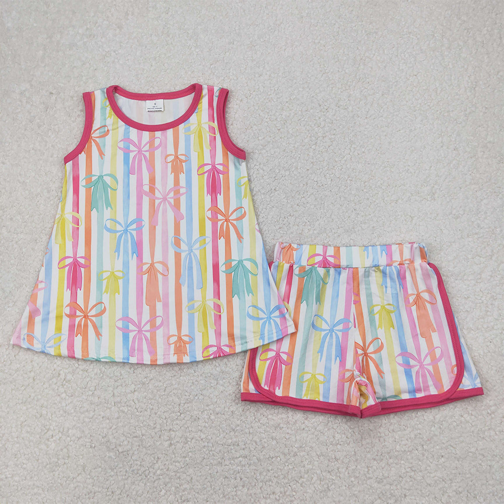 5.17 GSSO2465 RTS NO MOQ Baby Girls Summer Outfits Baby Girls Summer Colorful Bow Striped Shorts Set