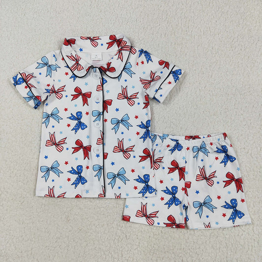 5.20  GSSO2484 RTS NO MOQ Baby Girls Summer Outfits Short sleeves blue red bow kids girls 4th of july pajamas