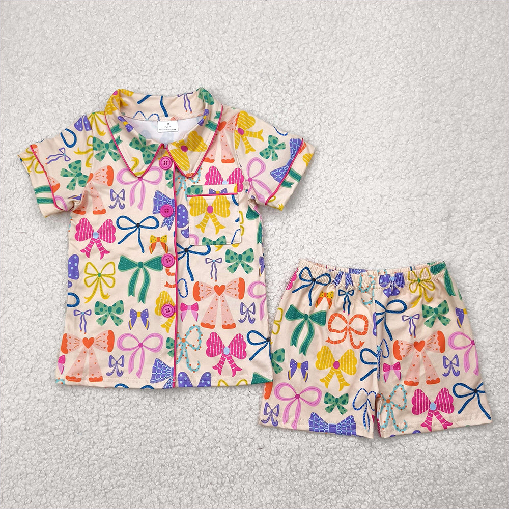 6.21 GSSO2487RTS NO MOQ Baby Girls Summer Pajamas Outfits Baby Girls Colorful Bows Button Pocket Top Short Pajamas Set