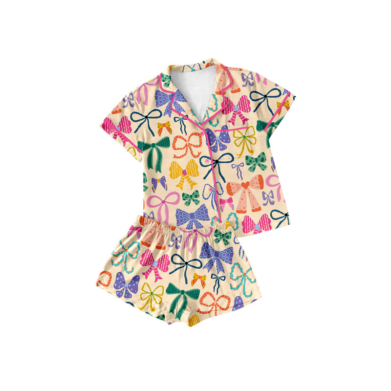 5.16 Pre order Colorful Bow Button Short-Sleeve Pajamas for Adults And Children - Comfortable Sleepwear with Buttons