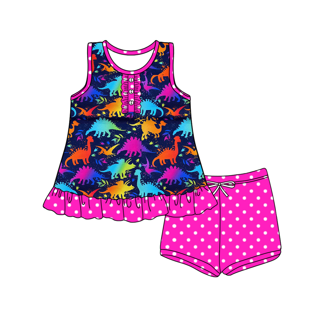 5.16 Pre order Girls Sleeveless Dinosaur Ruffle Top Polka Dot Shorts Outfit Cute Preemie to plus Size Children's Clothing Set