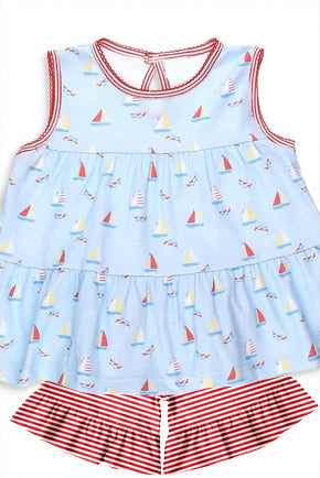 4.12 pre order Baby Boys Summer Red Striped Top Sailboat Shorts Set