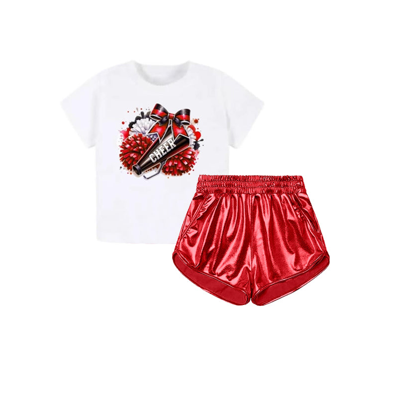 4.12 GSSO2514 Pre order Kids Girls Clothing Cheer Top Red Leather Shorts Outfit