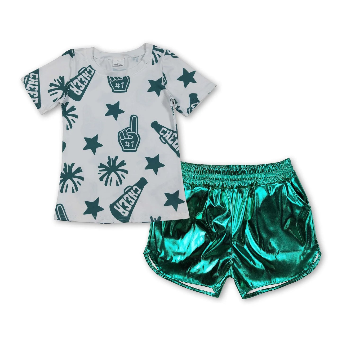 8.20 RTS Sibling Baby Girls Cheer Team Tops Leather Shorts Clothes Sets