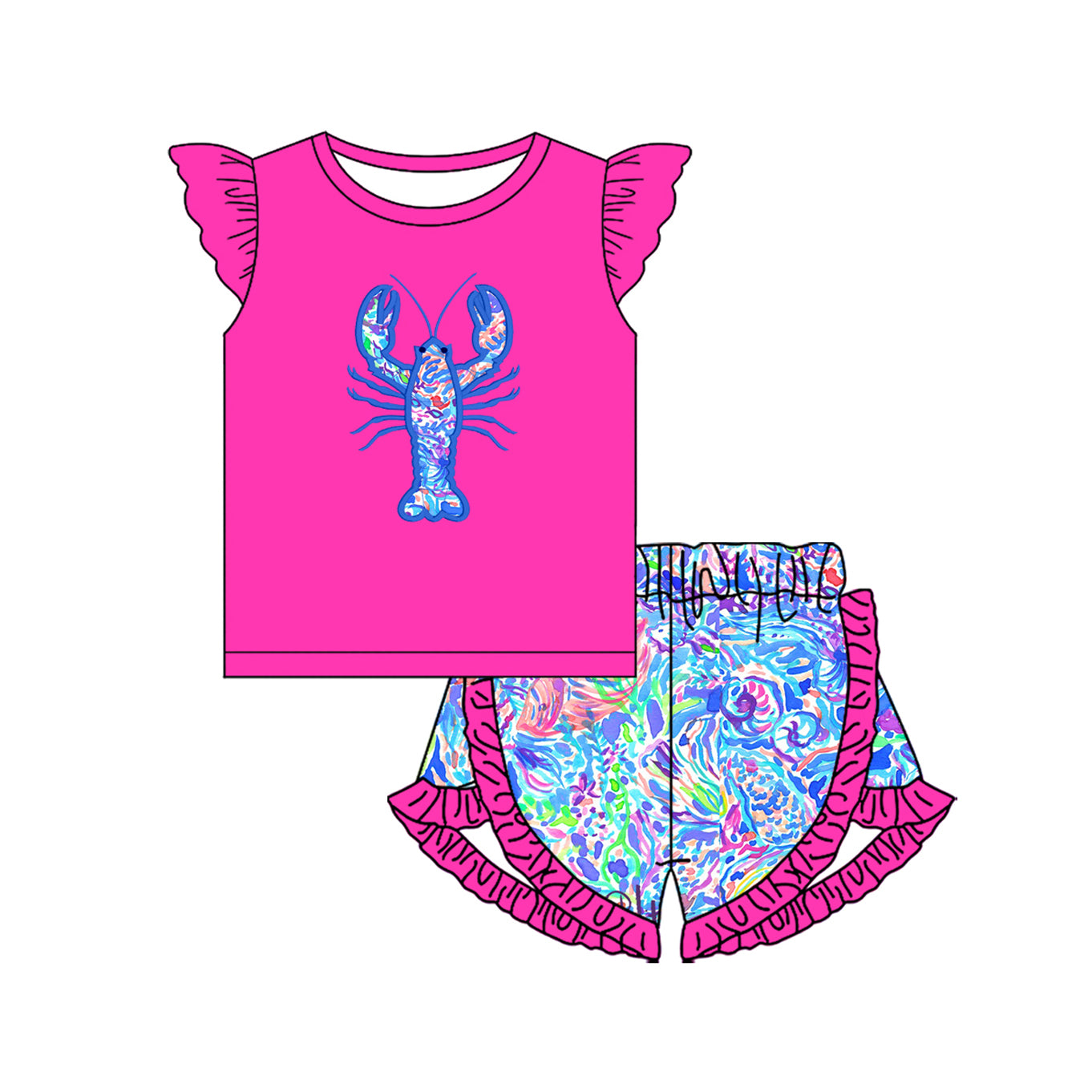 8.26 Pre order Baby Girls Baby Boys Blue Short Sleeves Floral Crayfish Top Pockets Short Set