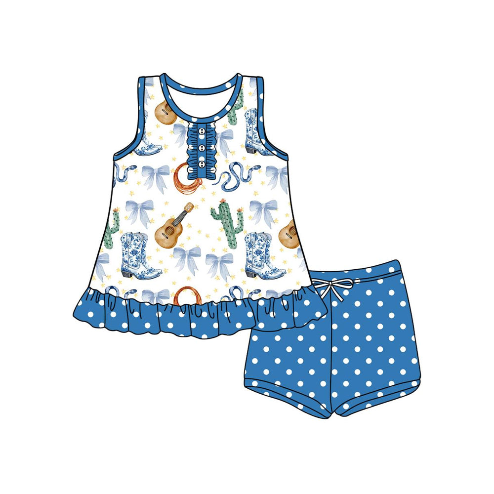 8.26 Pre order Baby Girls Sleeveless Button Boots Cactus Tunic Blue Polka Dots Shorts Set
