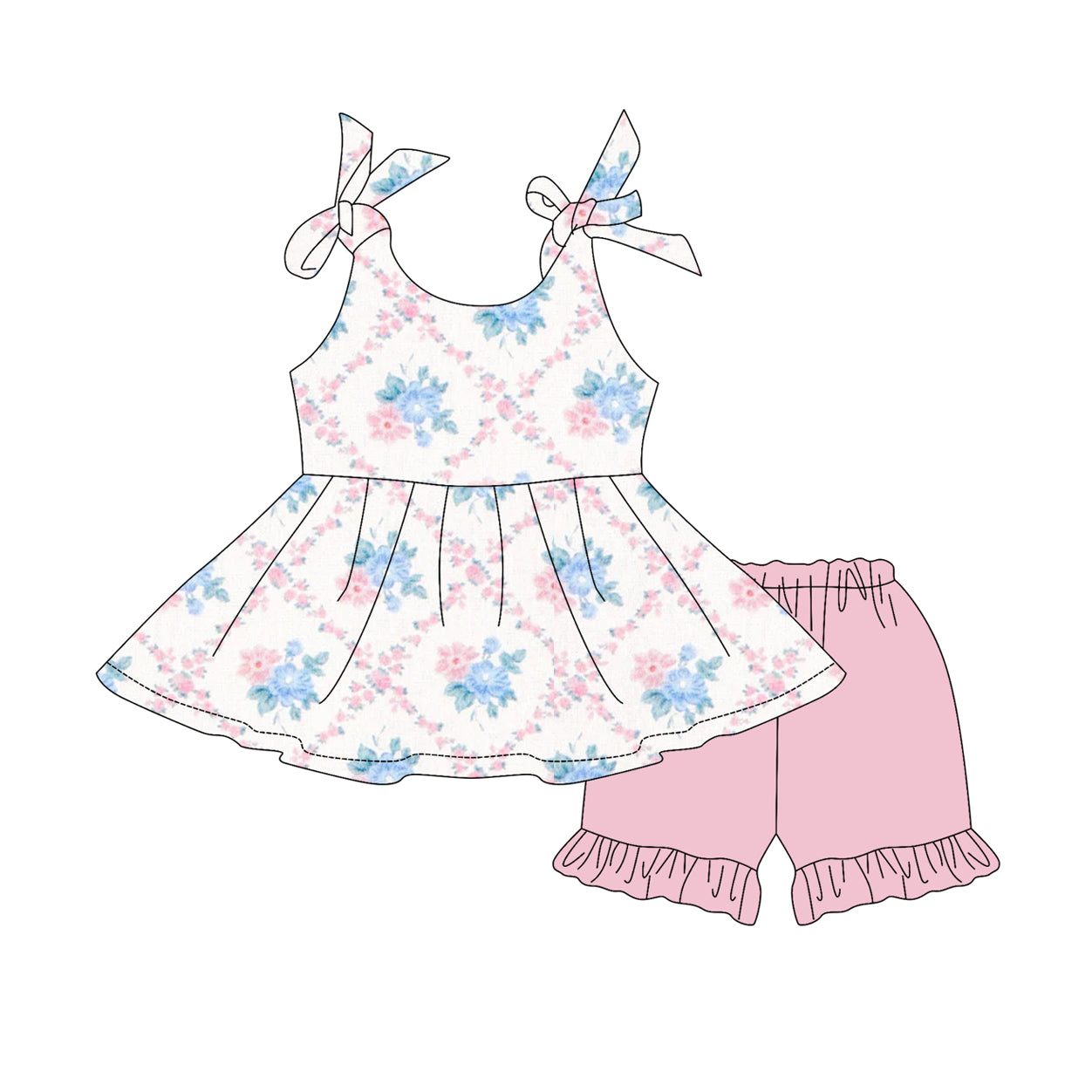 6.11 GSSO2537 Pre order Baby Girls Summer Outfits baby girls clothes bow floral pink suspender shorts set