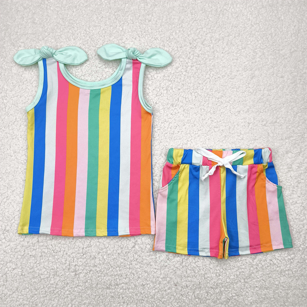 6.24 RTS NO MOQ Baby Girls Summer Outfits Sleeveless colorful stripe top shorts girls clothing set