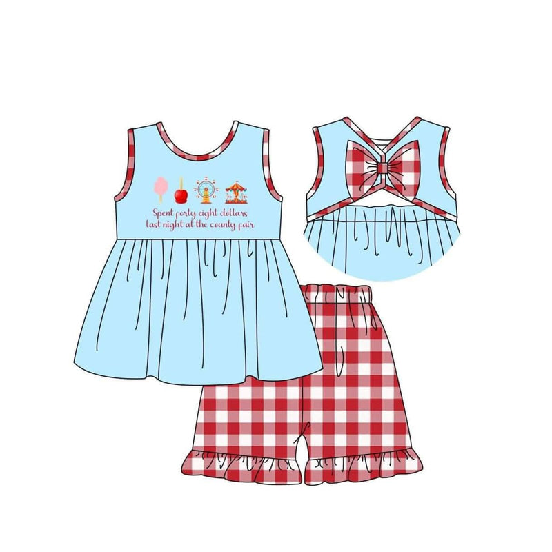 8.27 Pre order no moq Kids Girls Boys Sleeveless Top Red Gingham Shorts Outfit Rompers