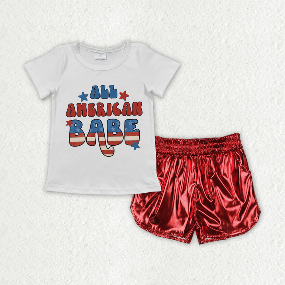 6.16 GSSO2546 RTS NO MOQ Baby Girls Summer Outfits All American Babe Top Red Shorts Set