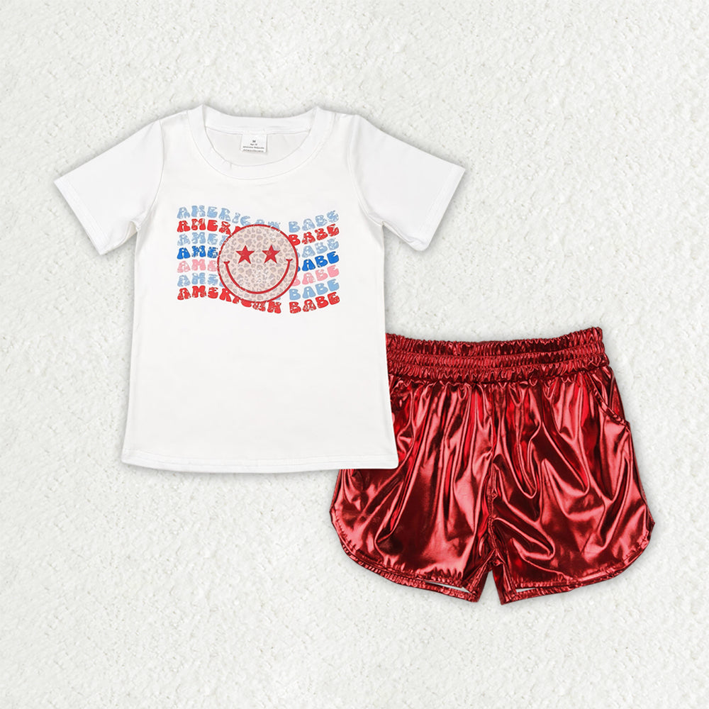 6.16 GSSO2547 RTS NO MOQ Baby Girls Summer Outfits American Babe Top Red Leather Shorts Set