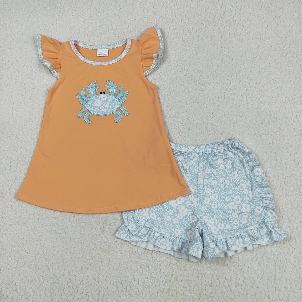 10.2 RTS Sibling Embroidery Baby Girls Orange Crab Rompers Outfits Sets