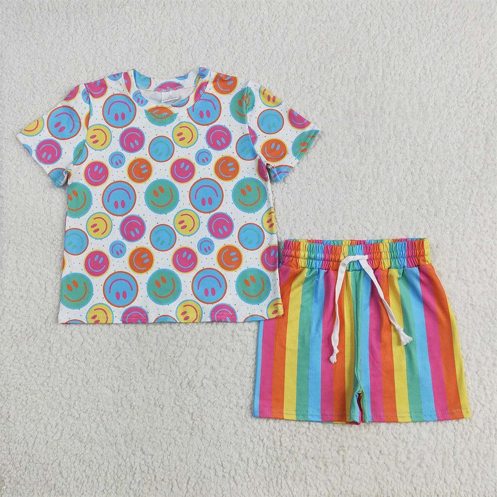 7.01 GSSO2609 RTS NO MOQ Baby Girls Summer Outfits Baby Girls Short Sleeves Colorful Smiles Top Short Pajamas Set