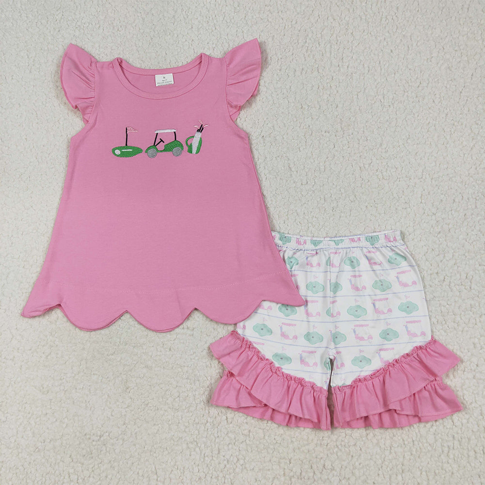 RTS NO MOQ (In stock)GSSO2660 Baby Girls Summer Outfits Embroidery Baby Girls Pink Flutter Sleeves Golf Truck Tunic Ruffle Shorts Set