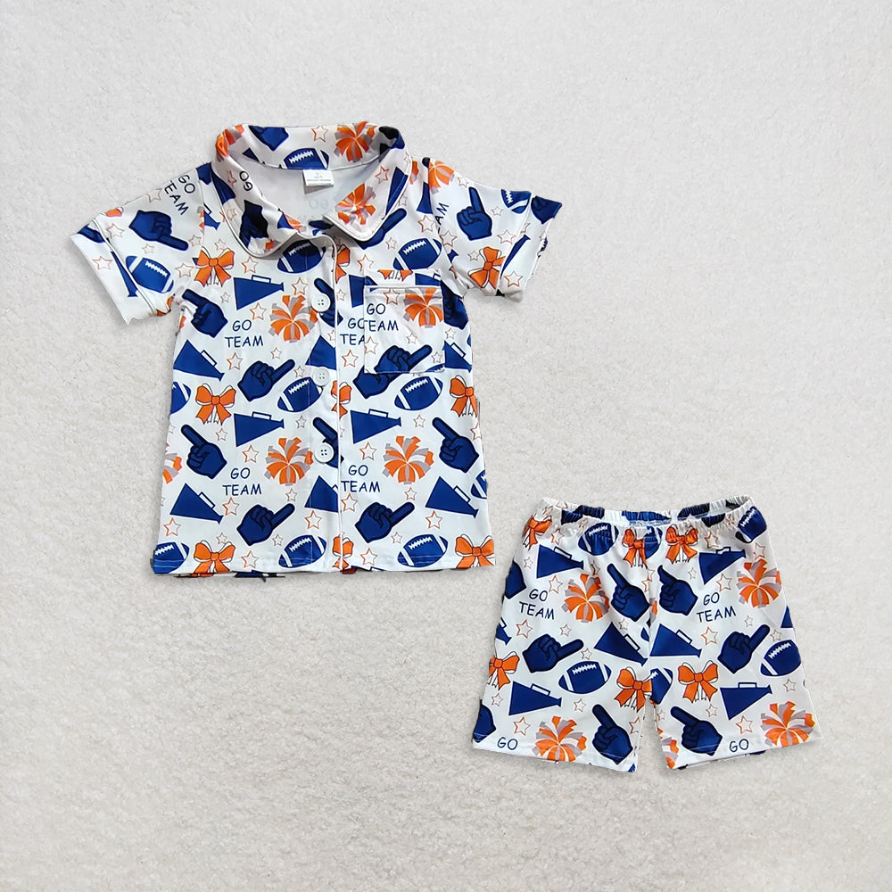 RTS Sibling Baby Girls Summer Outfits Navy Orange Bow Cheerleading Team Set Cute Bow Headband And Bow Hairtie Combo for Children