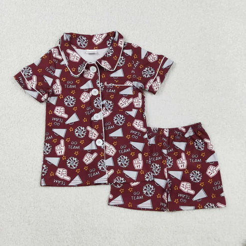 9.26 RTS Sibling Baby Girls Footballs Go Team Button Top Shorts Pajamas Sets