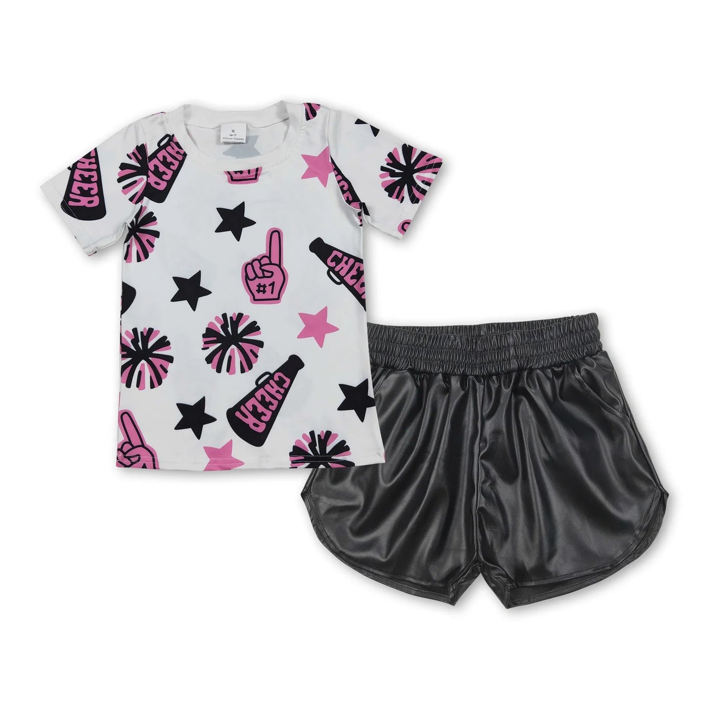8.20 RTS Sibling Baby Girls Cheer Team Tops Leather Shorts Clothes Sets