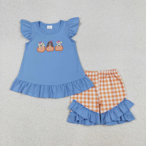 9.19 RTS Sibling Baby Boys Girls Embroidery Pumpkins Dogs Shorts Clothes Sets Rompers